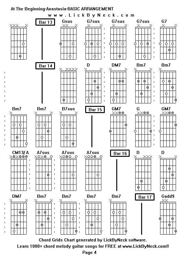 Chord Grids Chart of chord melody fingerstyle guitar song-At The Beginning-Anastasia-BASIC ARRANGEMENT,generated by LickByNeck software.